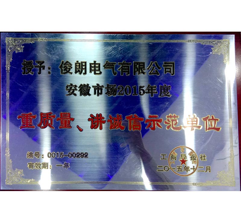 授予俊朗電氣有限公司安徽市場2015年度重質(zhì)量講誠信示范單位